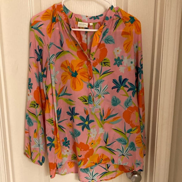 Silk Floral Pink and Orange Women's Top - Picture 2 of 16